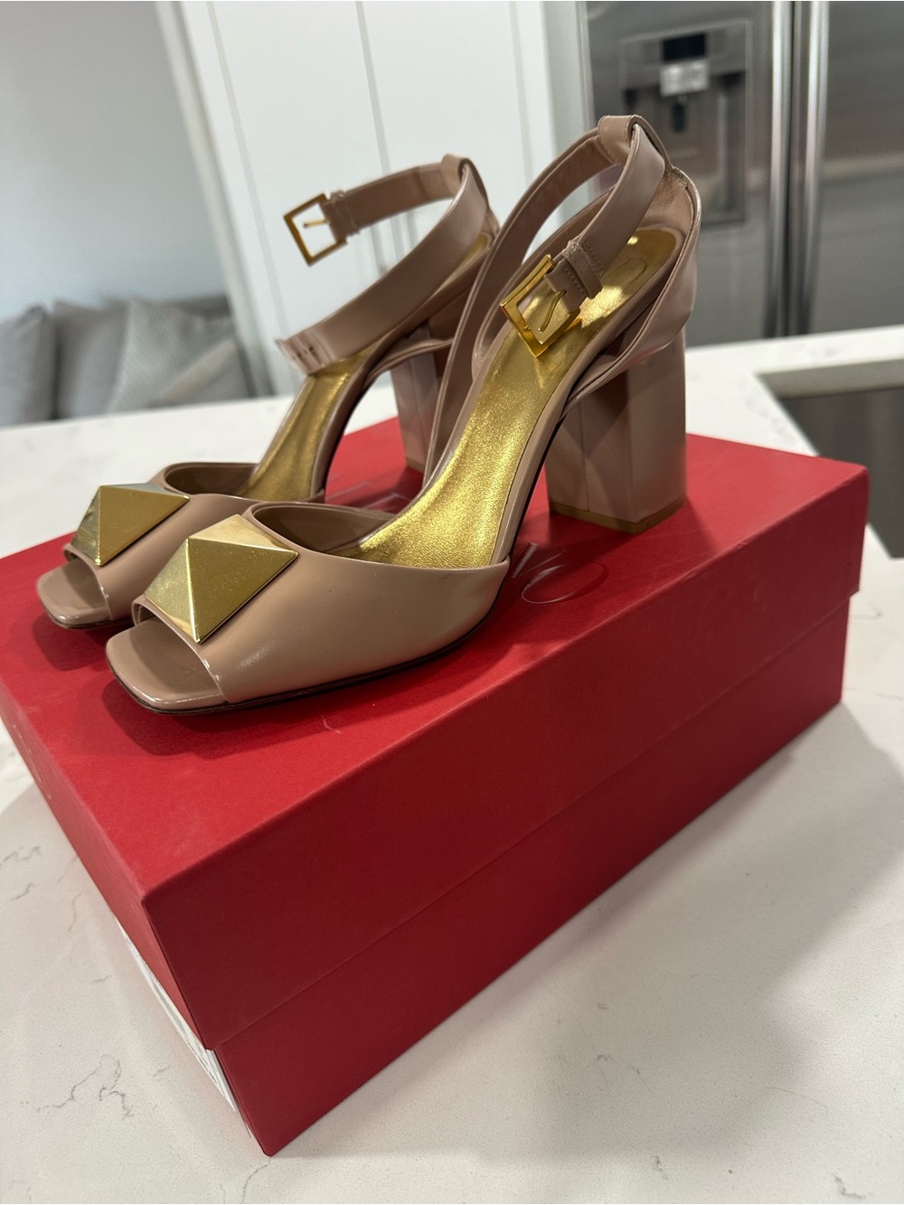 Valentino Garavani Blush Patent Leather Stud Block Heel Sandals - Picture 2 of 3